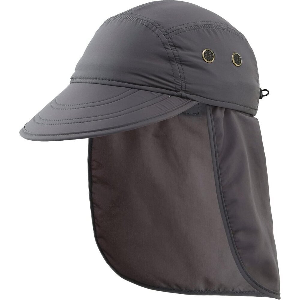 Men's Grey 100% Polyester Wide Brim Uv Protection With Neck Flap Fishing Sun Hat